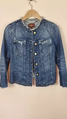 Buy 7 For All Mankind Denim Jacket Size Small 8 10 Collarless Rhinestone Distressed  • 34.99£