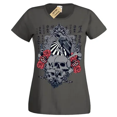 Buy Sunrise T-Shirt Japanese Skulls Roses Crow Chinese Gothic Womens Ladies • 10.95£