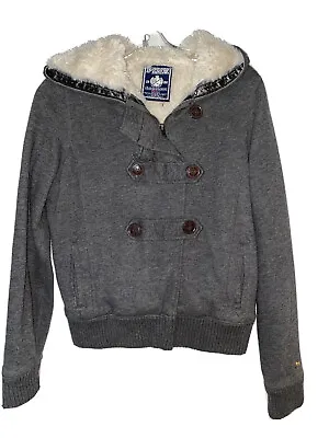 Buy PINK Victoria's Secret Gray Jacket Womens White Faux Fur Hood Cotton Blend Coat • 37.79£