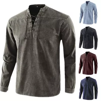 Buy Classic Mens Vintage Steampunk Lace Up Medieval Tunic Tops Shirt Costume • 7.45£
