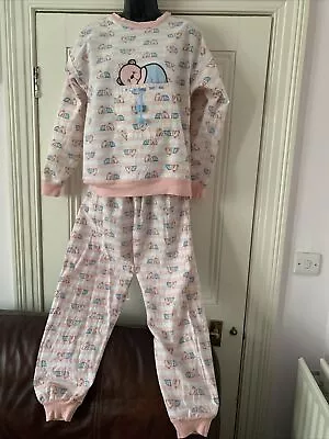 Buy Vintage BHS Pink & White Mix Stripe Sleeping Teddy Cotton Pyjamas Set Size 12-14 • 4.50£