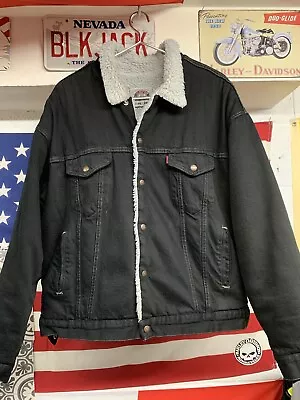 Buy Men’s LEVI’S Black Denim Sherpa Trucker Jean Jacket Size XL Fleece Lined • 19.99£