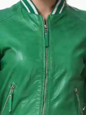 Buy Brand New Trendy Green Real Leather Varsity Bomber Jacket Size Large • 99.99£