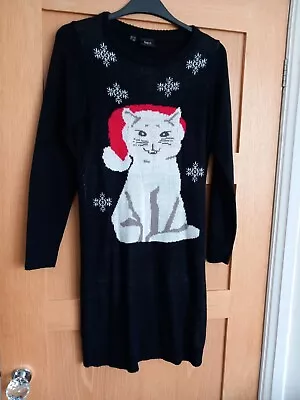 Buy Bonprix Black Christmas Jumper Dress With White Cat In Santa Hat Size 12 (Small) • 6.99£