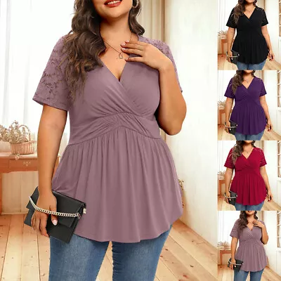 Buy Plus Size Womens V Neck Solid Pleated Tunic Tops Ladies Short Sleeve T Shirt Tee • 14.09£