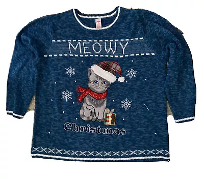 Buy Textured Blue Holiday Time Meowy Christmas Cat Christmas Ugly Sweater 3XL 22/24W • 21.74£
