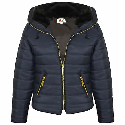 Buy Girls Jacket Kids Padded Navy Puffer Bubble Fur Collar Quilted Warm Thick Coats • 19.99£