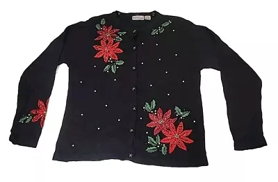 Buy B.P. Design Xmas Ugly Holiday Black Poinsettia Beaded Embroidered Sweater Medium • 19.29£