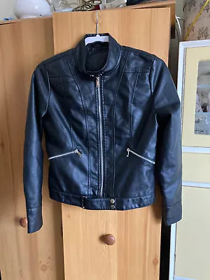 Buy Ladies Black Faux Leather Biker Jacket Size S Small 8-10 • 11£