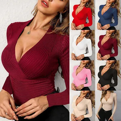 Buy Womens Ribbed Sexy V Neck Wrap Tops Ladies Long Sleeve Party Slim Blouse T Shirt • 7.99£