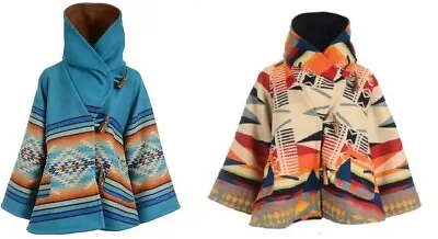 Buy Women Yellowstone Kelly Reilly Beth Dutton Geometric Blue Hooded Woolen Coat • 106.33£