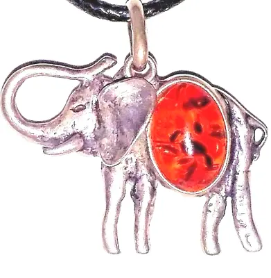 Buy This NATURAL Amber ELEPHANT Necklace Animal PENDANT Jewelry Solid Fine Silver • 42.53£