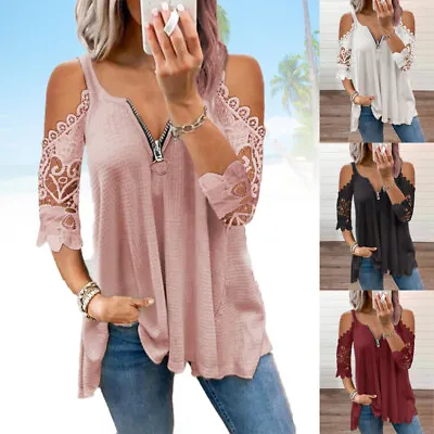 Buy Womens Lace Sleeve Blouse T Shirt Tops Plus Size Ladies Cold Shoulder Casual Tee • 8.99£