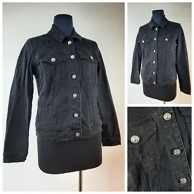 Buy Womens Size 12 Black Denim Jacket Stretch Distressed Long Sleeve Summer Cotton • 7.99£