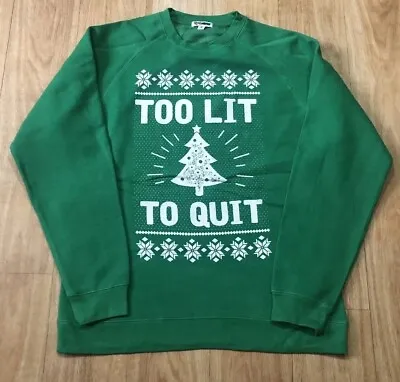 Buy Tipsy Elves Christmas Large Jumper Sweatshirt Green Cotton Too Lit To Quit • 21.99£