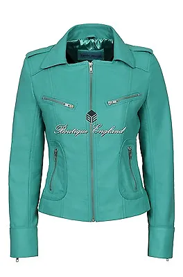 Buy Ladies FASHION Leather Jacket Turquoise Biker SERIES 100% REAL LEATHER 9823 • 100£