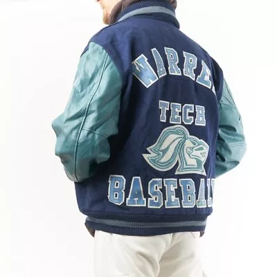 Buy Vintage Leather Varsity Jacket Navy Blue Rare Warren Tech Baseball Mens Large • 80£
