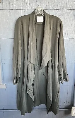 Buy Elodie Anthropologie Women’s XL Open Front Long Jacket Olive Green Linen Blend • 31.81£