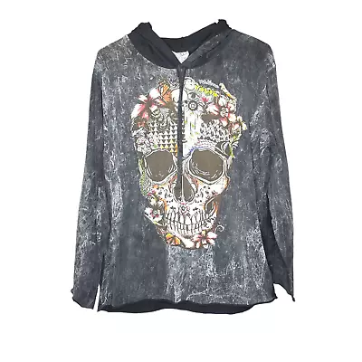 Buy No Time Sweater Womens Large Acid Wash Flower Skull Grunge Hood Gray • 7.47£
