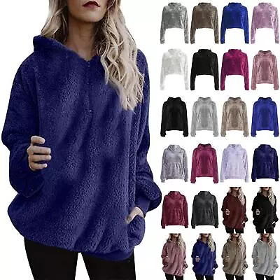 Buy Womens Half Zip Side Pockets Fleece Hoodie Teddy Bear Fluffy Coat Sweat Outwear • 11.99£