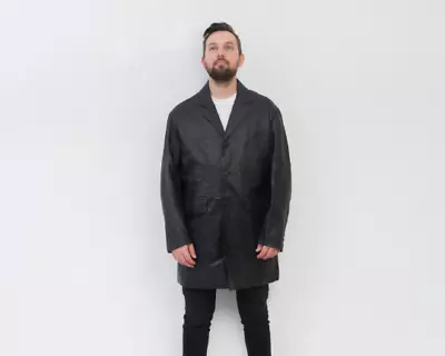 Buy KIABI Mens 2XL Real Leather Jacket Trench Over Coat Matrix Retro Mac Black VTG • 60.48£