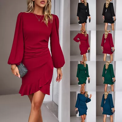 Buy Womens Puff Long Sleeve Bodycon Ladies Party Cocktail Evening Ruffle Mini Dress • 4.09£