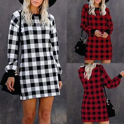 Buy Womens Plaid Check Tartan Mini Dress Ladies Long Sleeve Sweatshirt Jumper Dress • 2.49£