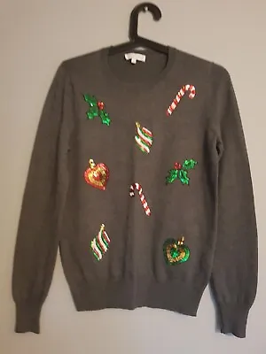 Buy Warehouse Grey Christmas Jumper Sequin Candy Cane Baubles - Size 8 • 20£