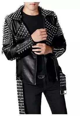 Buy Handmade Mens Punk Style Black Sliver Studded Brando Biker Leather Jacket • 249.99£
