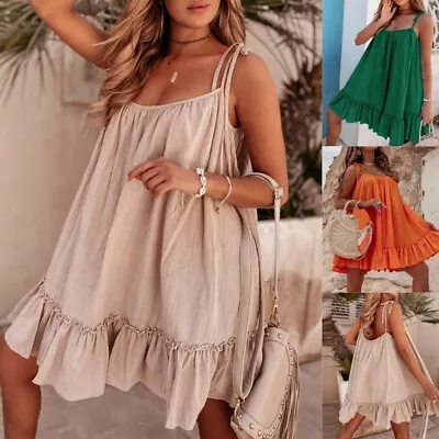 Buy Womens Summer Beach Mini Dress Strappy Cami Ruffle Baggy Swing Hawaiian Sundress • 3.29£