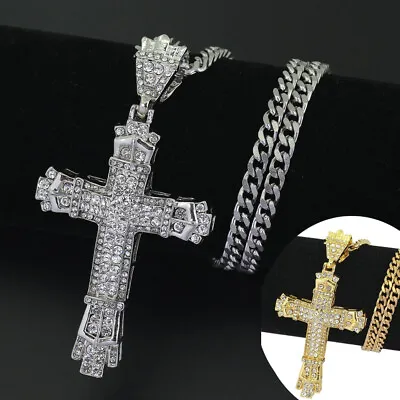 Buy Crystal Cross Big Pendant Necklace Chain Crucifix Rhinestone Jewellery Men Women • 3.49£