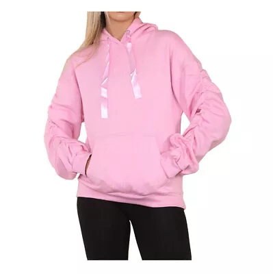 Buy Women's Ruched Sleeve Oversized Ladies Hoodie Jumper With Ribbon Size 8 To 22 UK • 13.99£