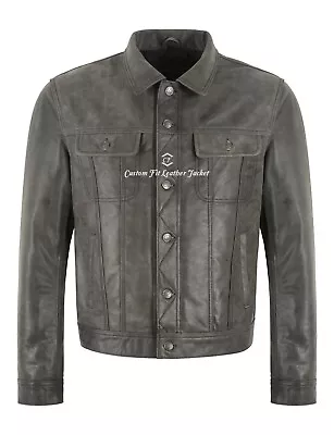Buy Mens Trucker Jacket Western Classic Vintage Distressed Leather Denim Look Jacket • 119.99£