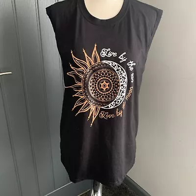 Buy Ladies Black Sleeveless T-shirt With Sun And Moon Print Size Medium • 3£