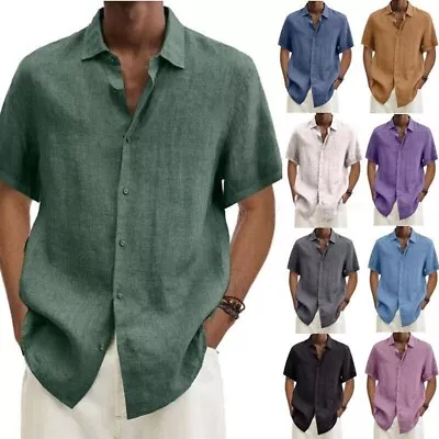 Buy Men Cotton Linen T Shirt Men's Plain Casual Short Sleeve Button Summer Tee Tops • 11.89£