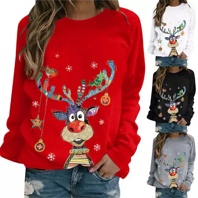Buy Womens Xmas Christmas Hoodies Jumper Elk Print Sweatshirt Hooded Pullover Tops • 10.91£