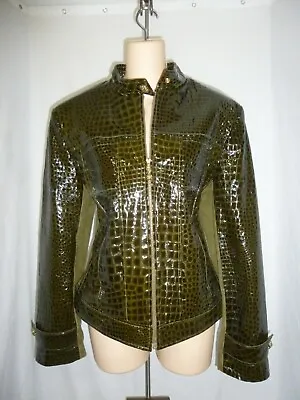 Buy St. John Collection Marie Gray Dark Green Crocodile Embossed Leather Jacket SZ M • 661.50£