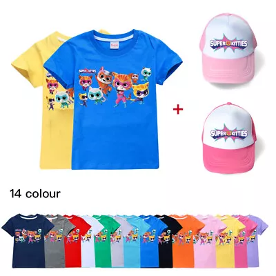 Buy Kids SuperKitties Cat Short Sleeve Casual Tee Tops Summer T-shirt+Cap Hat Sets • 12.99£