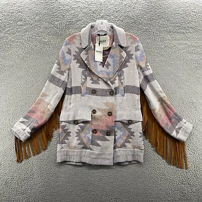 Buy Bazar Deluxe Jacket Womens 38 Gray Navajo Knit Fringed Linen Wool Aztec Italy • 188.99£