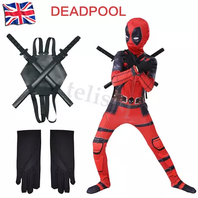 Buy Kids Deadpool Costume Mask Bodysuit Boys Superhero Cosplay Party Fancy Dress UK • 17.38£