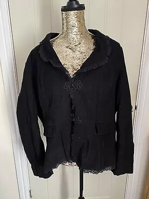 Buy South Black Ribbed Jacket With Lace Trim & Floral Button Fastenings Size 24 • 10£