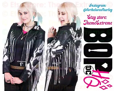 Buy Harley Quinn Birds Of Prey BOP  Black Silver Fringe Leather Jacket Topshop • 245£