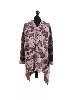 Buy Ladies Italian Camouflage & Star Print Cotton Tunic Hoodie Tops  • 9.50£