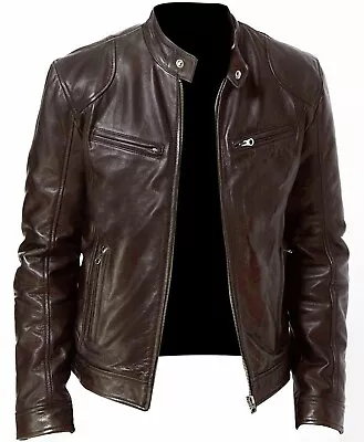Buy Mens Retro Casual Leather Jacket Fashion Cafe Racer Slim Fit Motorbike Coat • 24.98£