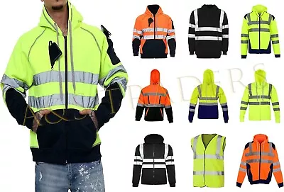 Buy Hi Vis High Visibility Vest Hoodie Sweatshirt Workwear Hooded Top Jacket Zipped • 30.49£