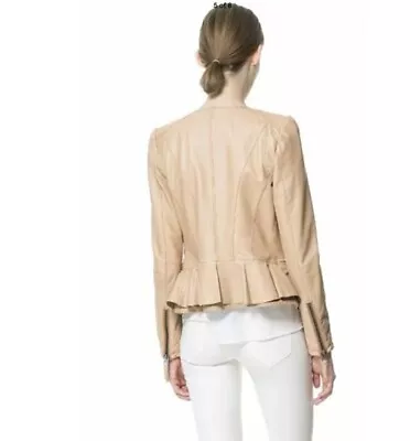 Buy Zara Nude Blush Pink 100% Leather Jacket With Ruffle Frill Detail Size Small • 12.99£