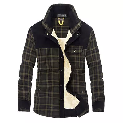 Buy Men Winter Warm Jacket Check Print Coat Pockets Long Sleeve Casual Warm Outwear • 33.98£