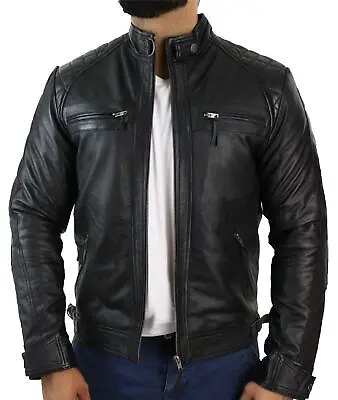Buy Mens Retro Style Zipped Biker Jacket Real Leather Soft Black Casual • 109.99£