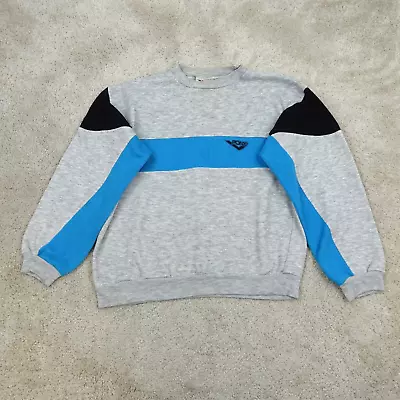 Buy Pony Sweatshirt Mens Large Jumper Sweater Gray & Blue Stripe Jumper Vintage 90s • 16.99£