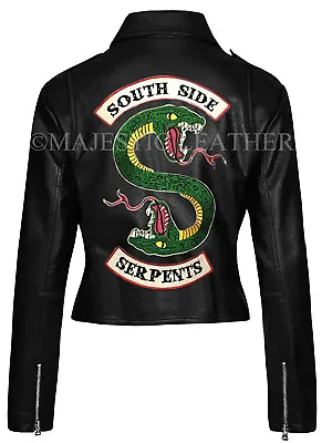 Buy Riverdale Southside Serpents Snake Patch Women Black Motorcycle Leather Jacket • 57.90£